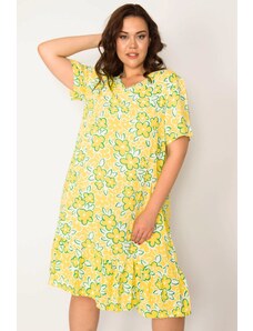 Şans Women's Plus Size Yellow Woven Viscose Fabric Layered Dress