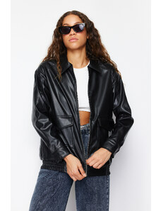 Trendyol Μαύρο Oversized Faux Leather Jacket Παλτό