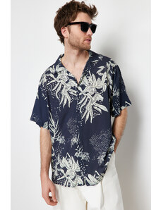 Trendyol Navy Blue Oversize Fit Leaf Printed 100% Viscose Short Sleeve Flowy Summer Shirt