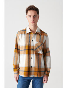Avva Men's Mustard Check Classic Collar Overshirt with Pockets and Snap Fastener Coat