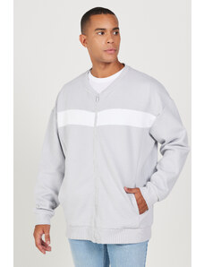AC&Co / Altınyıldız Classics Men's Light Gray Oversize Loose Cut Fleece Inside 3 Thread College Collar Patterned Sweatshirt Jacket