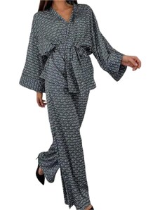 Chicret VERA Σετ πιτζάμες με αέρινο κιμονό με ζώνη και παντελόνα με σχέδιο αλυσίδας