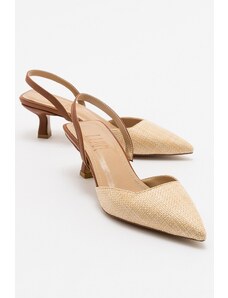 LuviShoes OVER Beige Straw Tan Pointed Toe Short Heel Women's Shoes