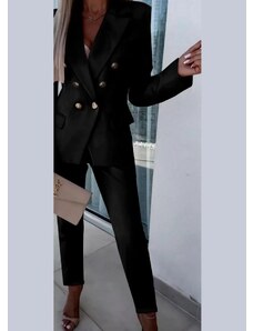 parizianista κοστούμι παντελόνι με γυρισμένο ρεβέρ,τσέπες & λάστιχο στη μέση & σακάκι μεσάτο με χρυσά κουμπιά & βάτες - Μαύρο - 002009
