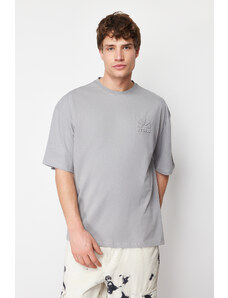 Trendyol Gray Oversize Relief Printed 100% Cotton T-Shirt