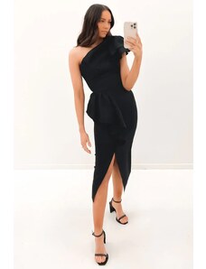 OEM Κομψό εφαρμοστό φόρεμα με έναν ώμο και βολάν στη μέση black