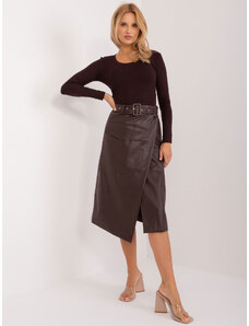 Fashionhunters Dark brown wrap cargo skirt made of eco-leather