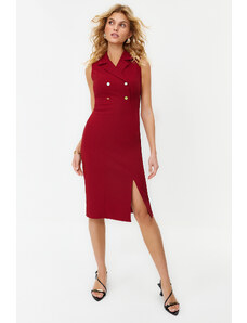 Trendyol Burgundy Button Detailed Slit Fitted/Fitted Midi Woven Dress
