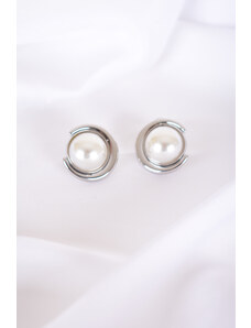 Santolo Collection Σκουλαρίκια στρογγυλά με πέρλα ασημί ατσάλι - Pearl