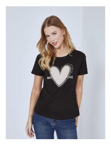 Celestino T-shirt my little love με πέτρες strass μαυρο μπεζ για Γυναίκα