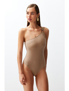 Trendyol Mink One-Shoulder Accessory Silvery Regular Swimsuit