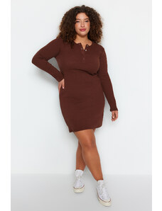 Trendyol Curve Brown Collar Snap-On Ribbed Knitted Dress
