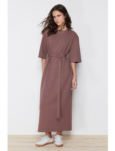 Trendyol Brown Half Sleeve Belted Knitted Dress