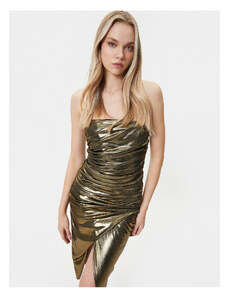 Koton Strapless Dress Shiny Draped Foil Textured Double Breasted Slit Midi Length