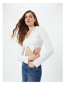 Koton Crop Blouse Asymmetric Cut Textured Slim Fit Long Sleeve Shirt Collar