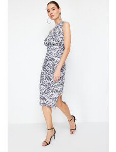 Trendyol Gray Leopard Body-Fitting One-Shoulder Asymmetrical Gather Detailed Knitted Midi Pencil Dress