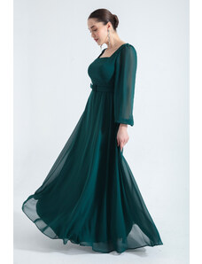 Lafaba Women's Emerald Green Square Neck Long Chiffon Evening Dress