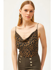 Olalook Women's Leopard Brown Turndown Collar Rope Strappy Blouse