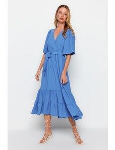 Trendyol Indigo Belted A-Cut Double Breasted Collar Back Detail Midi Woven Dress