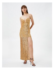 Koton Sequined Evening Dress Long Length Sweetheart Neck Thin Straps