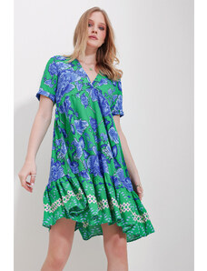 Trend Alaçatı Stili Women's Green V-Neck Skirt Flounce Viscose Dress