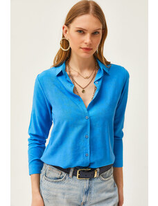 Olalook Women's Floral Blue Jacquard Satin Detail Woven Shirt