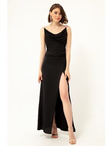 Lafaba Women's Black Satin Evening Dress with Stone Straps, Plunger Collar.
