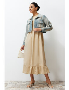 Trendyol Beige Sleeveless Skirt Frilly Single Jersey-Poplin Knitted Dress