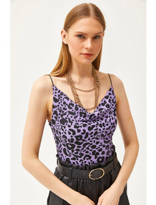 Olalook Women's Leopard Lilac Degajee Collar Rope Strappy Blouse