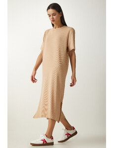 Happiness İstanbul Women's Beige Crew Neck Knitted Corduroy Dress