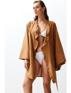 Trendyol Brown Belted Mini Woven Ruffle 100% Cotton Kimono&Kaftan