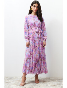 Trendyol Pink Floral Sash Detailed Lined Pleated Chiffon Woven Dress