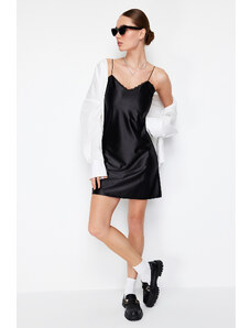 Trendyol Black Satin A-Line V Neck Strappy Lace Detailed Knitted Mini Dress