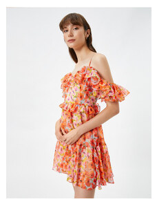 Koton Chiffon Floral Dress Mini Off Shoulders Flounce Lined