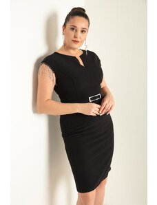 Lafaba Γυναικεία Μαύρα Μανίκια Stoned Plus Size Midi Βραδινό Φόρεμα
