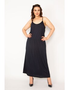 Şans Women's Plus Size Navy Blue Viscose Dress with Elastic Waist and Straps