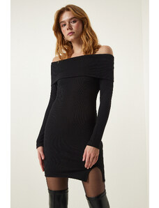 Happiness İstanbul Black Madonna Collar Ribbed Knitted Dress