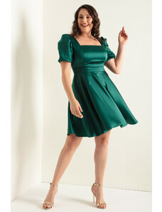 Lafaba Γυναικείο Σμαραγδένιο Πράσινο Μπαλόνι Μανίκι Flared Cut Mini Plus Size Σατέν Βραδινό Φόρεμα