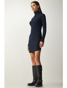 Happiness İstanbul Women's Navy Blue Turtleneck Ribbed Knitted Dress