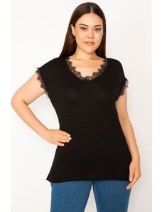 Şans Women's Plus Size Black Lace Detailed Blouse