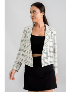 armonika Women's Dark Green Double Breasted Collar Tweed Crop Jacket