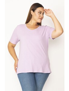 Şans Women's Plus Size Lilac Cotton Fabric V-Neck Short Sleeve Blouse