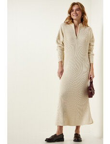 Happiness İstanbul Women's Cream Ribbed Oversize Knitwear Dress