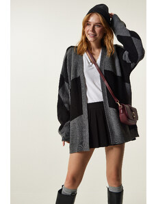 Happiness İstanbul Gray Black Patterned Thick Cardigan Jacket