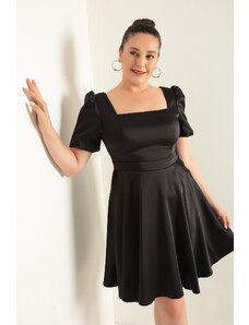Lafaba Γυναικείο Μαύρο Μπαλόνι Μανίκι Flared Cut Mini Plus Size Σατέν Βραδινό Φόρεμα
