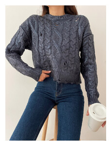 Laluvia Indigo Foil Printed Ripped Detailed Sweater