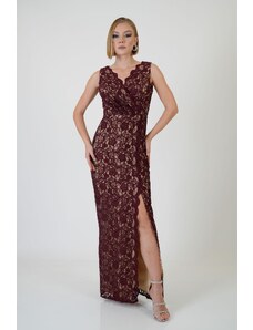 Carmen Burgundy Lace Wrapped Long Evening Dress