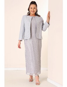 By Saygı Sleeveless Gulpur Dress Stone Detailed Crepe Jacket Lined Plus Size 2-Piece Suit