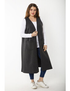 Şans Women's Plus Size Smoked Cachet Fabric Long Sleeveless Cap with Pocket