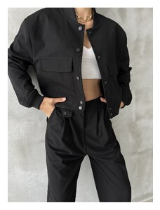 Laluvia Black Snap Button Detailed Two-Pocket Lined Crop Bomber Jacket